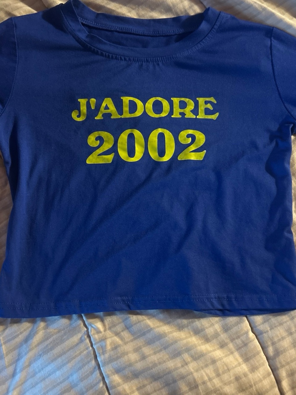 Jaded London Royal Blue Crop Tee with Neon Yellow-Green 'J'ADORE 2002' Graphic